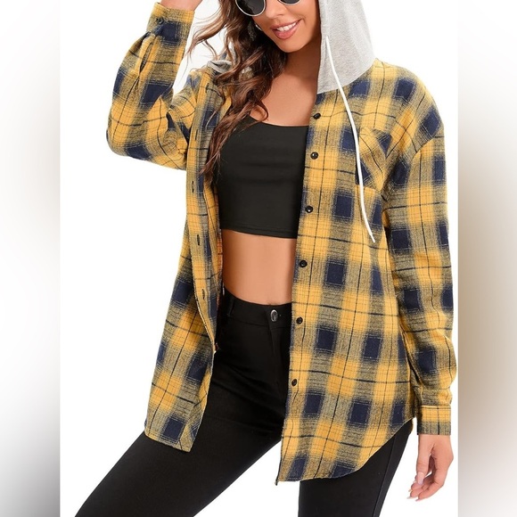 Mik Mesh Plaid Button Down Faux Sherpa Hoodie in Yellow Navy Blue Size 3XL - Picture 3 of 16
